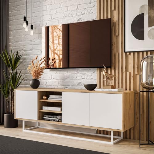 lukmebel RTV Schrank SANAYI II Anpassbare geräumige laminierte Platte mit ABS-Rand 156x56x38cm für Moderne Loft-Einrichtungen Weiß matt auf schwarzem Metallrahmen von lukmebel