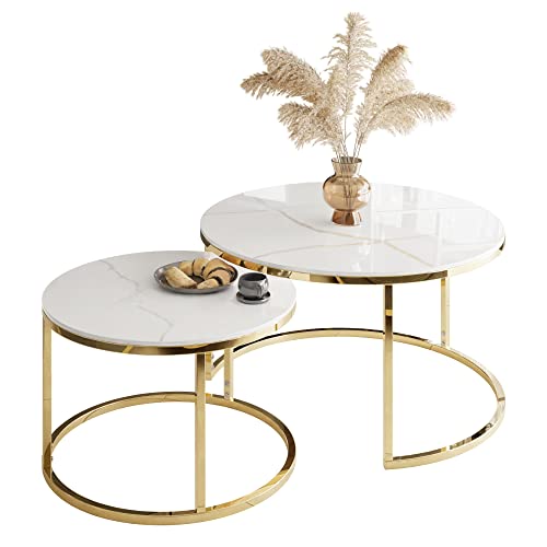 lukmebel Rundbank SELAVI 2in1 Goldchrom Matt 2er-Set Tische Goldene Elemente Goldchrom Sockel Konglomerat Arbeitsplatte 80x80x38 60x60x42 Weißer Marmor von lukmebel
