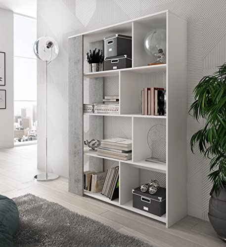 lukmebel Stand-Bücherregal SORO Für Wohn- Und Schlafzimmer Elegante & Langlebige Konstruktion Laminierte Platte 129x174x33 cm Weiß-Beton von lukmebel