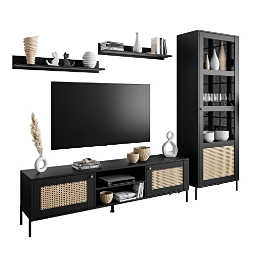 lukmebel Wohnwand – für Moderne, Boho-, Skandinavische Räume – Stabile Struktur – Schwarz + Thonet Wiener Rohrgeflecht – Metallknöpfe – Gerade Metallbeine lukmebel Wohnwand – für Moderne, Boho-, Skandinavische Räume – Stabile Struktur – Schwarz + Thonet Wiener Rohrgeflecht – Metallknöpfe – Gerade Metallbeine von lukmebel