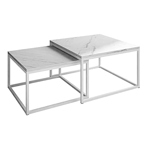 lukmebel Yoshi LEVANTO 2-In-1 Couchtisch Set Aus Zwei Tischen Metallfuß Matt Quadratische Arbeitsplatte 60x60x40 70x70x46 Weißer Marmor von lukmebel