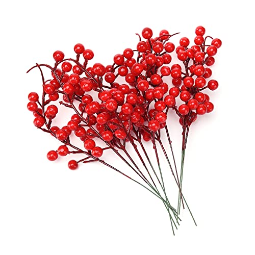 lulalula Künstliche Beeren Fake Mini Holly Berries Simulation Dekorative Früchte, Pflanzen Blumenstrauß Hochzeit Party Favor rot, 10Pcs, 26 cm von lulalula