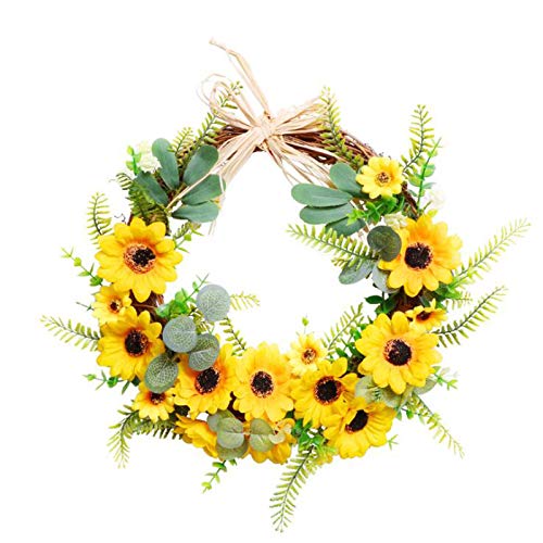lulalula Künstlicher Sonnenblumenkranz für Frühling und Sommer, großer künstlicher Blumenkranz mit gelber Sonnenblume und grünen Blättern für Haustür, Innenwanddekoration, 45 cm von lulalula