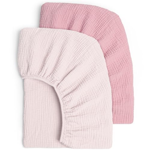 2er Set Kinder Spannbettlaken, Musselin-Baumwolle Spannbetttuch für Babybett und Kinderbett 60x120cm / 70x140cm Reisebett Spannlaken Beistellbett Leintücher (Rosa Nelke) von lulumoon