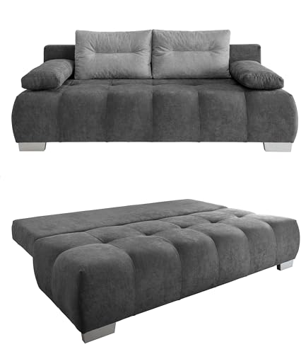 Federkern Schlafsofa 205 cm breit, 2er Couch mit Liegefläche 140 x 200 cm, Zweisitzer-Sofa mit Liegefunktion, Bezug Microfaser in Grau, Rückenkissen in Hellgrau / 17211 von luma-home Schönes für Dein Zuhause