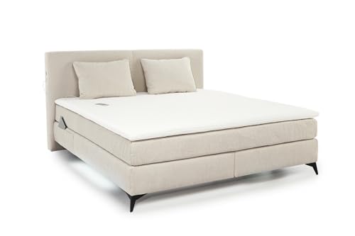 Boxspringbett 180x200 cm, 2x 7-Zonen-Tonnentaschen-Federkernmatratzen H4 inkl. Kaltschaum-Topper, Bonell-Federkernpolsterung, LED-Beleuchtung, USB-Ladeports, Bezug Chenille Beige / 20018 von luma-home Schönes für Dein Zuhause
