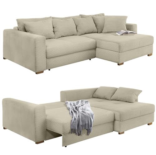 Dauerschlaf-Ecksofa mit Federkernpolsterung 288x186 cm, Bettkasten, Schlaffunktion mit 3 qm Liegefläche, Ottomane links oder rechts montierbar, mit Cord-Bezug in Beige Grau / 15154 von luma-home Schönes für Dein Zuhause