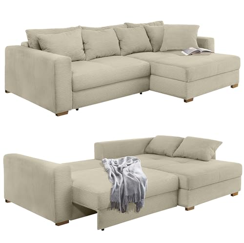 Dauerschlaf-Ecksofa mit Federkernpolsterung B288/T186/H86 cm, Bettkasten, Schlaffunktion mit 3 qm Liegefläche, Ottomane links oder rechts montierbar, mit Cord-Bezug in Beige Grau / 15154 Dauerschlaf-Ecksofa mit Federkernpolsterung B288/T186/H86 cm, Bettkasten, Schlaffunktion mit 3 qm Liegefläche, Ottomane links oder rechts montierbar, mit Cord-Bezug in Beige Grau / 15154 von luma-home Schönes für Dein Zuhause