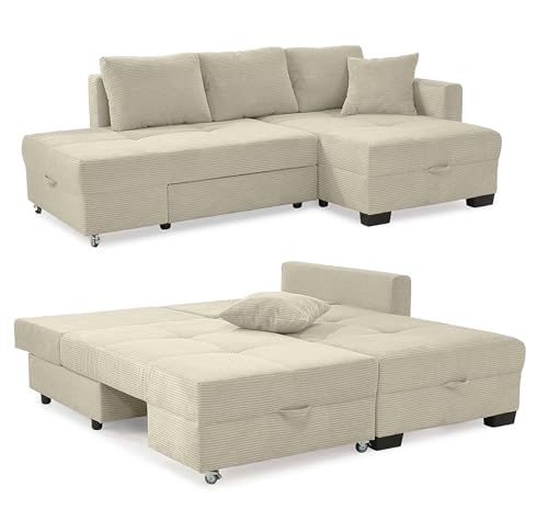 Ecksofa 247x155 cm mit Schwenkfunktion zum Doppelbett, Liegefläche 183x207 cm, platzsparend, Bettkasten, Ottomane links oder rechts montierbar, Bezug Cord in Beige Grau / 15215 von luma-home Schönes für Dein Zuhause
