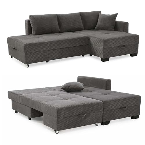 Ecksofa B247/T155/H87 cm mit Schwenkfunktion zum Doppelbett, Liegefläche 183x207 cm, platzsparend, Bettkasten, Ottomane links oder rechts montierbar, Bezug Cord in Grau Anthrazit / 15214 von luma-home Schönes für Dein Zuhause
