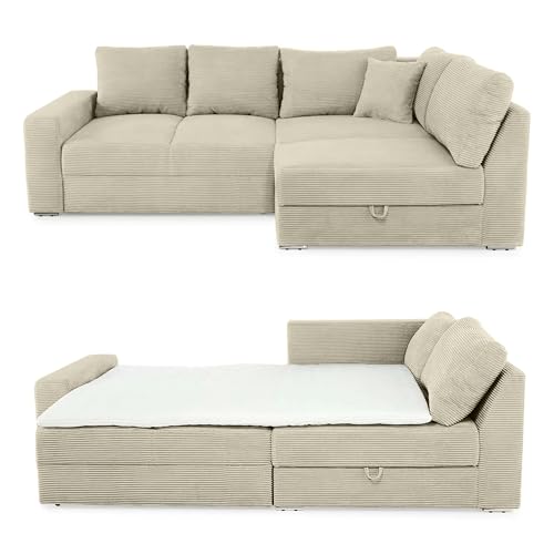 Ecksofa-Dauerschläfer B260/T181/H88 cm Federkern Boxspring-System, inkl. Schlaffunktion Bettkasten, Kaltschaum-Topper, Ottomane links oder rechts montierbar, Bezug Cord in Beige Grau / 15235 von luma-home Schönes für Dein Zuhause