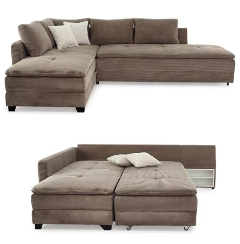 Federkern Ecksofa 307x223 cm Dauerschläfer, Doppelbett Schlaffunktion, Kaltschaum-Topper, Bettkasten, Nachtkonsole, Schwenkteil links oder rechts montierbar, Bezug Cord Braun Taupe / 15162 von luma-home Schönes für Dein Zuhause