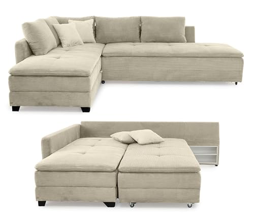 Federkern Ecksofa 307x223 cm Dauerschläfer, Doppelbett Schlaffunktion, Kaltschaum-Topper, Bettkasten, Nachtkonsole, Schwenkteil links oder rechts montierbar, Bezug Cord Beige Grau / 15161 von luma-home Schönes für Dein Zuhause