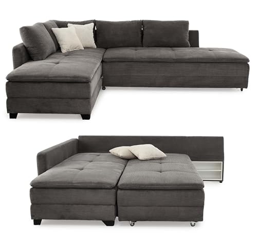 Federkern Ecksofa 307x223 cm Dauerschläfer, Doppelbett Schlaffunktion, Kaltschaum-Topper, Bettkasten, Regal, Schwenkteil links oder rechts montierbar, Bezug Cord Grau Anthrazit / 15163 von luma-home Schönes für Dein Zuhause