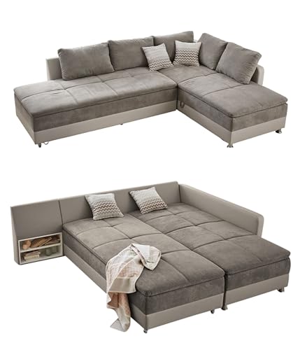 Federkern Ecksofa 307x223cm, Doppelbett Schlaffunktion, Kaltschaum-Topper, Bettkasten, L-Sofa, schwenkbare Ottomane LINKS, Bezug Grau Braun (Mikrofaser) -Korpus Beige (Kunstleder) / 15101 von luma-home Schönes für Dein Zuhause