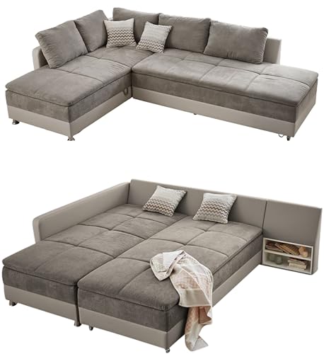 Federkern Ecksofa 307x223cm, Doppelbett Schlaffunktion, Kaltschaum-Topper, Bettkasten, L-Sofa, schwenkbare Ottomane RECHTS, Bezug Grau Braun (Mikrofaser)- Korpus Beige (Kunstleder)/ 15102 von luma-home Schönes für Dein Zuhause