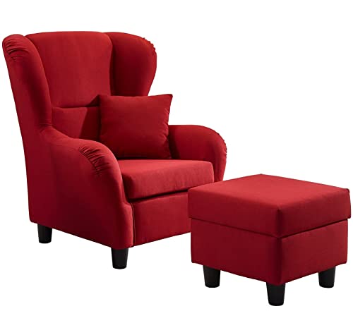 Gemütlicher Ohrensessel mit Hocker im Landhaus-Stil, B90/H98/T76 cm, hoher Sitzkomfort durch Wellenunterfederung, moderner Lesesessel mit Echtholzfüßen und Zierkissen, Strukturstoff in Rot / 18002 von luma-home Schönes für Dein Zuhause