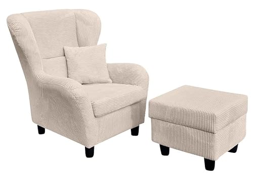 Gemütlicher Ohrensessel mit Hocker im Landhaus-Stil, hoher Sitzkomfort durch Wellenunterfederung, moderner Lesesessel mit Echtholzfüßen und Zierkissen, Cordstoff in Beige Creme / 18017 Gemütlicher Ohrensessel mit Hocker im Landhaus-Stil, hoher Sitzkomfort durch Wellenunterfederung, moderner Lesesessel mit Echtholzfüßen und Zierkissen, Cordstoff in Beige Creme / 18017 von luma-home Schönes für Dein Zuhause