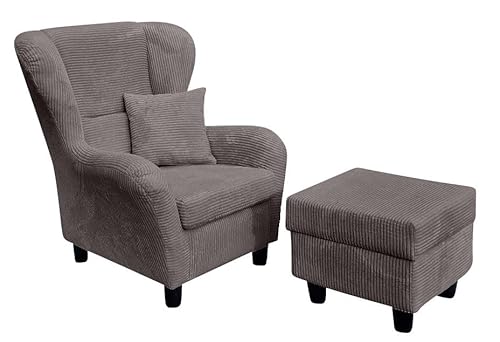 Gemütlicher Ohrensessel mit Hocker im Landhaus-Stil, B90/H98/T76 cm, hoher Sitzkomfort durch Wellenunterfederung, moderner Lesesessel mit Echtholzfüßen und Zierkissen, Cordstoff in Grau / 18019 von luma-home Schönes für Dein Zuhause
