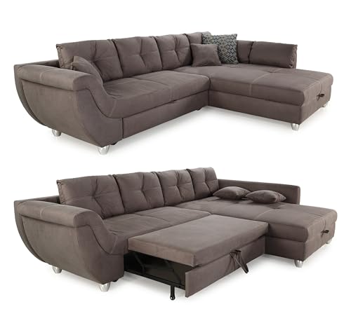 Großes Ecksofa B330/T207/H90 cm mit ausziehbarer Schlaffunktion und großem Bettkasten, Ottomane links oder rechts montierbar, Wellenunterfederung, Mikrofaser-Bezug in Braun / 15231 von luma-home Schönes für Dein Zuhause
