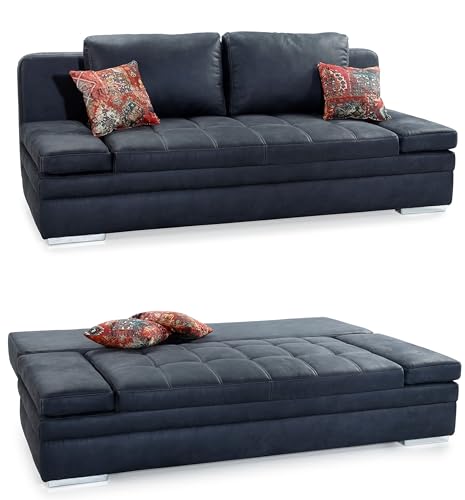 Tolles Funktionssofa mit Gästebett und Bettkasten 202 cm breit, Liegefläche 148x200 cm, Schlaf-Couch mit Wellenfederung, Steppung, Bezug Mikrofaser in Antikleder-Optik Anthrazit / 15118 von luma-home Schönes für Dein Zuhause