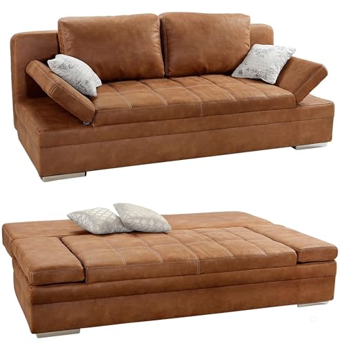 Tolles Funktionssofa mit Gästebett und Bettkasten 202 cm breit, Liegefläche 148x200 cm, Schlaf-Couch mit Wellenfederung, Bezug Microfaser in Antikleder-Optik Braun Curry / 15117 von luma-home Schönes für Dein Zuhause