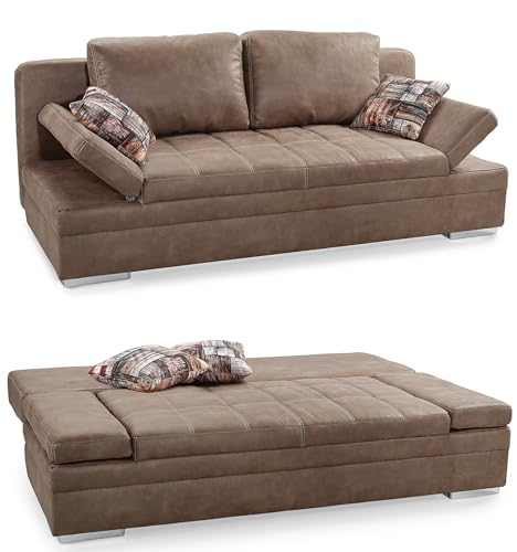 Funktionssofa mit Gästebett und Bettkasten B200/T100/H84 cm, Armlehnen verstellbar, Liegefläche 148x200 cm, Wellenunterfederung, Bezug Mikrofaser in Antikleder-Optik m. Steppung in Braun / 15116 von luma-home Schönes für Dein Zuhause