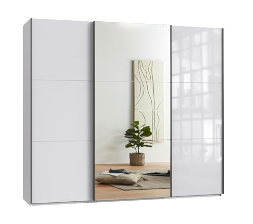 Moderner 3-türiger Schwebetürenschrank B250/H216/T65 cm in Weiß mit Glasfront und Spiegel, schwarze Griffleisten, Selbsteinzug, Einlegeböden, Kleiderstangen, Schubladen, Wäscheeinteilung / 22033 Moderner 3-türiger Schwebetürenschrank B250/H216/T65 cm in Weiß mit Glasfront und Spiegel, schwarze Griffleisten, Selbsteinzug, Einlegeböden, Kleiderstangen, Schubladen, Wäscheeinteilung / 22033 von luma-home Schönes für Dein Zuhause
