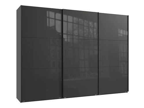 Schwebetürenschrank 3-türig B300/H216/T65 cm in Anthrazit m. Glasfront, schwarzen Griffleisten, inkl. Selbsteinzug, Kleiderschrank m. Einlegeböden, Kleiderstangen, Schubladen, Wäscheeinteilung / 22038 von luma-home Schönes für Dein Zuhause