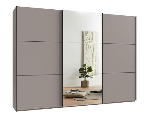Moderner 3-türiger Schwebetürenschrank B300/H216/T65 cm in Sand Grau mit Spiegel mit schwarzen Griffleisten, inkl. Selbsteinzug, Einlegeböden, Kleiderstangen, Schubladen, Wäscheeinteilung / 22020 von luma-home Schönes für Dein Zuhause