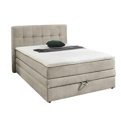 Modernes Boxspringbett 140x200 cm mit 7-Zonen-Tonnentaschen-Federkernmatratze H3 inkl. Kaltschaum-Topper, Box mit Bonell-Federkernpolsterung und großem Bettkasten, Bezug Cord Beige Grau / 20036 von luma-home Schönes für Dein Zuhause