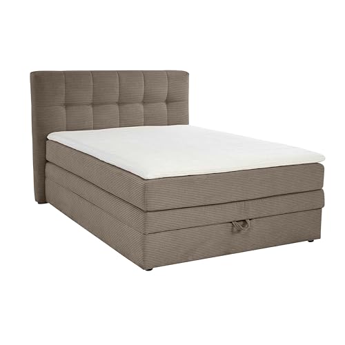 Modernes Boxspringbett 140x200 cm mit 7-Zonen-Tonnentaschen-Federkernmatratze H3 inkl. Kaltschaum-Topper, Box mit Bonell-Federkernpolsterung und großem Bettkasten, Bezug Cord Braun Taupe / 20037 von luma-home Schönes für Dein Zuhause