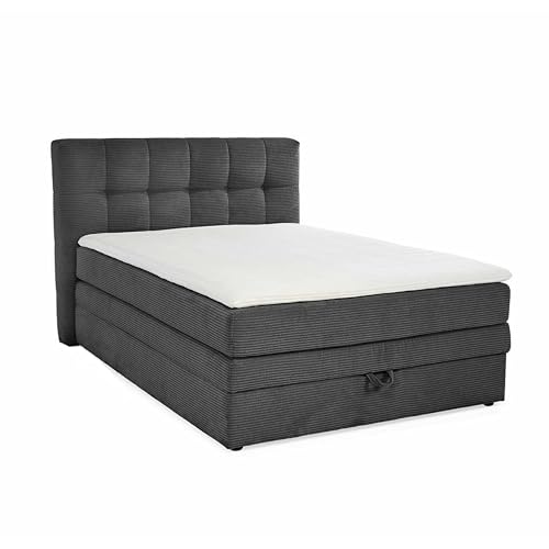 Modernes Boxspringbett 140x200 cm mit 7-Zonen-Tonnentaschen-Federkernmatratze H3 inkl. Kaltschaum-Topper, Box mit Bonell-Federkernpolsterung und großem Bettkasten, Bezug Cord Grau Anthrazit / 20035 von luma-home Schönes für Dein Zuhause