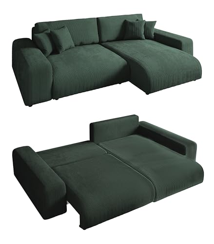 Modernes Cord Ecksofa B255/H165/T84 cm mit Schlaffunktion und Bettkasten, Wellenunterfederung, L-Couch links oder rechts montierbar, Liegefläche 148x196 cm, Cord-Bezug in Grün / 21005 von luma-home Schönes für Dein Zuhause