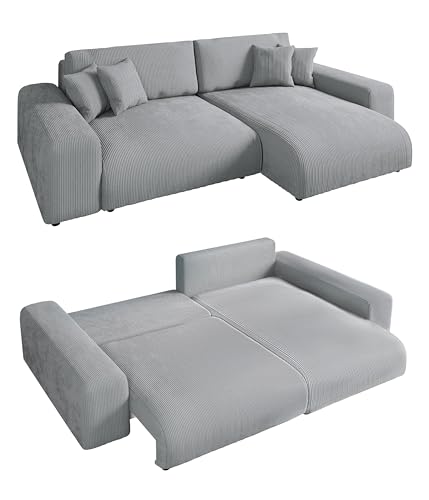 Modernes Cord Ecksofa 255x165 cm mit Schlaffunktion und Bettkasten, Wellenunterfederung, L-Couch links oder rechts montierbar, Liegefläche 148x196 cm, Cord-Bezug in Hell-Grau / 21007 von luma-home Schönes für Dein Zuhause