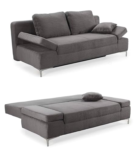 Modernes Cord Funktionssofa mit Gästebett und Bettkasten 202 cm breit, Federkern im Sitz und Rücken, Schlaf-Couch mit Liegefläche 144x198 cm, Bezug Cordstoff in Grau Anthrazit / 15204 von luma-home Schönes für Dein Zuhause