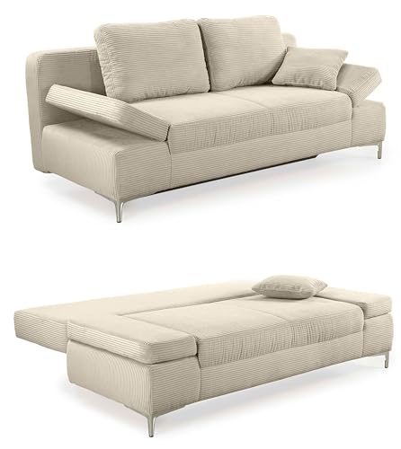 Modernes Cord Funktionssofa mit Gästebett und Bettkasten 202 cm breit, Federkern im Sitz und Rücken, Schlaf-Couch mit Liegefläche 144x198 cm, Bezug Cordstoff in Beige Grau / 15203 von luma-home Schönes für Dein Zuhause