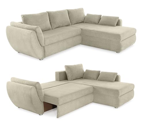 Modernes Ecksofa B272/T200/H88 cm mit Rutschenlehne, Schlaffunktion und Bettkasten, Gästebett-Liegefläche 128x224 cm, Ottomane seitenverkehrt montierbar, Cord-Bezug in Beige Grau / 15227 von luma-home Schönes für Dein Zuhause