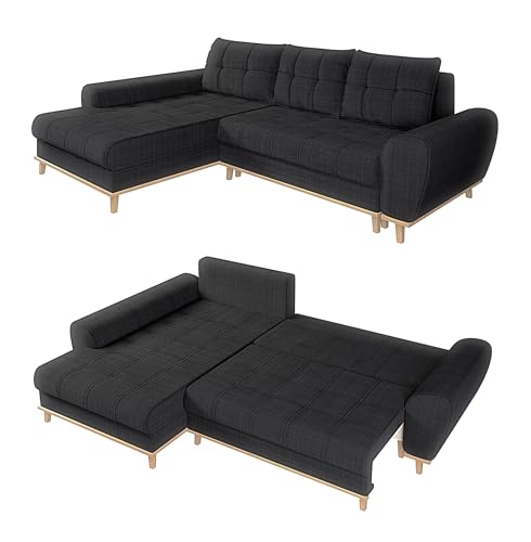Modernes Ecksofa im Scandi-Stil B268/T175/H86 cm mit Schlaffunktion, Bettkasten, Ottomane links, Füße und umlaufender Blende aus Massivholz, mit weichem Bouclé Chenille Stoff in Anthrazit / 21012 von luma-home Schönes für Dein Zuhause