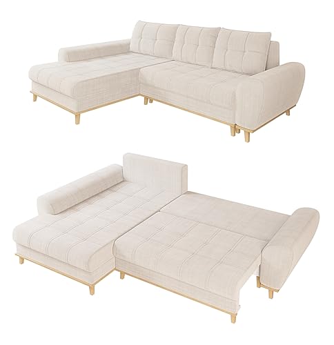 Modernes Ecksofa im Scandi-Stil B268/T175/H86 cm mit Schlaffunktion, Bettkasten, Ottomane links, Füße und umlaufender Blende aus Massivholz, mit weichem Bouclé Chenille Stoff in Beige / 21014 von luma-home Schönes für Dein Zuhause