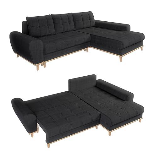 Modernes Ecksofa im Scandi-Stil B268/T175/H86 cm mit Schlaffunktion, Bettkasten, Ottomane rechts, Füße und umlaufender Blende aus Massivholz, mit weichem Bouclé Chenille Stoff in Anthrazit / 21011 von luma-home Schönes für Dein Zuhause