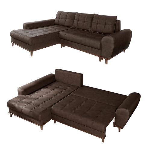 Modernes Ecksofa in Leder-Optik B268/T175/H86 cm mit Schlaffunktion, Bettkasten, Ottomane links, Füße und umlaufender Blende aus Massivholz, mit Mikrofaserstoff in Vintage Braun / 21018 von luma-home Schönes für Dein Zuhause