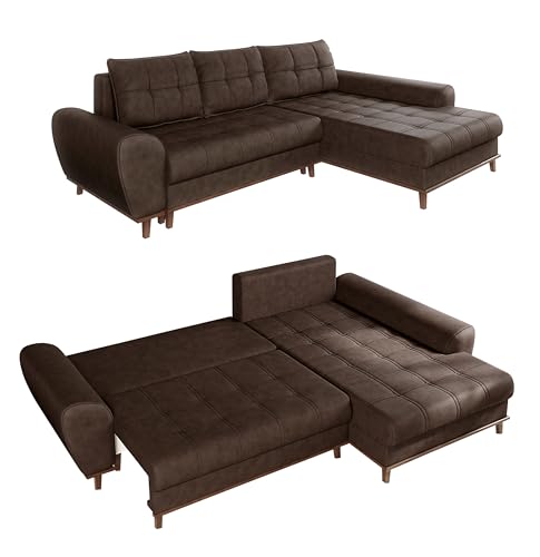 Modernes Ecksofa in Leder-Optik B268/T175/H86 cm mit Schlaffunktion, Bettkasten, Ottomane rechts, Füße und umlaufender Blende aus Massivholz, mit Mikrofaserstoff in Vintage Braun / 21017 von luma-home Schönes für Dein Zuhause