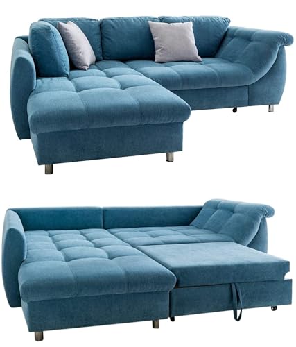 Modernes Ecksofa mit Schlaffunktion 250x190 cm, Wellenunterfederung mit Komfortschaum, L-Couch, Longchair Ottomane links, Bezug Mikrofaser Blau, 2 Zierkissen Grau / 17108 von luma-home Schönes für Dein Zuhause