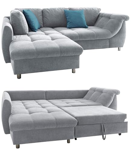 Modernes Ecksofa mit Schlaffunktion 250x190 cm, Wellenunterfederung mit Komfortschaum, L-Couch, Longchair Ottomane links, Bezug Mikrofaser Grau, 2 Zierkissen Blau / 17110 von luma-home Schönes für Dein Zuhause