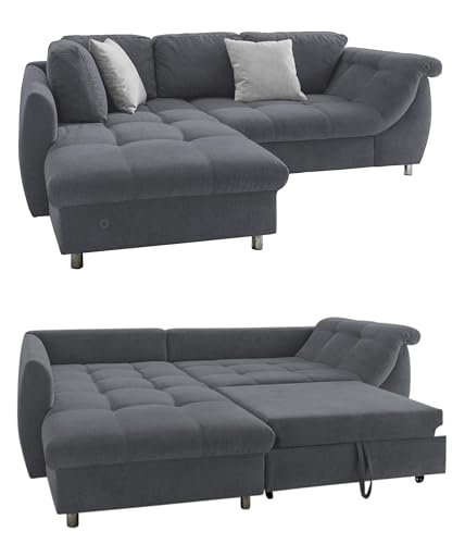 Modernes Ecksofa mit Schlaffunktion u.Bettkasten 250x190 cm, Wellenunterfederung/Komfortschaum, Longchair Ottomane links, Bezug Mikrofaser Grau Anthrazit, 2 Zierkissen Grau / 17106 von luma-home Schönes für Dein Zuhause