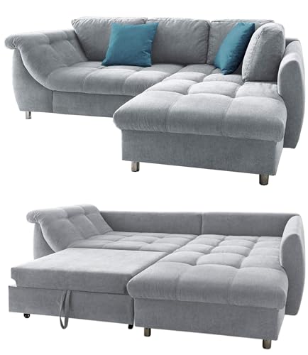 Modernes Ecksofa mit Schlaffunktion und Bettkasten 250x190 cm, Wellenunterfederung mit Komfortschaum, L-Couch, Longchair Ottomane rechts, Bezug Mikrofaser Grau, 2 Zierkissen Blau / 17103 von luma-home Schönes für Dein Zuhause