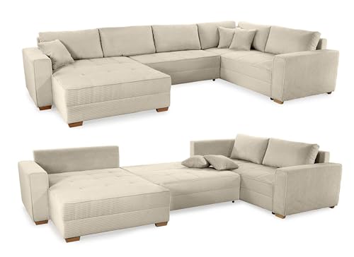 Modische Cord Wohnlandschaft U-Form 379 cm breit, Sofa mit Schlaffunktion und Bettkasten, Wellenunterfederung, seitenverkehrt montierbar, Bezug Cordstoff in Beige Grau / 15200 von luma-home Schönes für Dein Zuhause