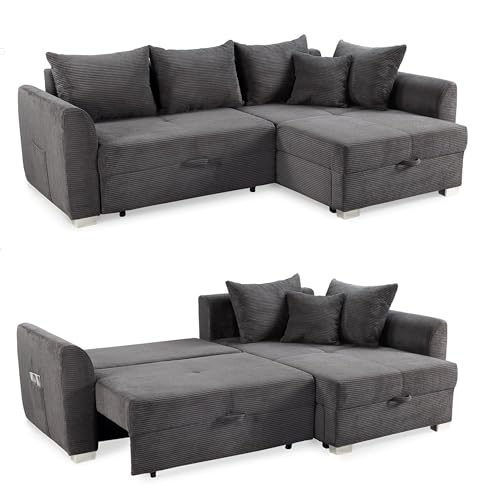 Cord Ecksofa 236x160 cm mit Schlaffunktion und Bettkasten, Tasche in der Armlehne, L-Couch mit Ottomane ausziehbar, links oder rechts montierbar, Bezug Cordstoff in Grau Anthrazit / 15202 von luma-home Schönes für Dein Zuhause