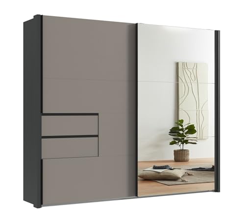 Schwebetürenschrank 2-türig B262/H216/T65 cm, Korpus mit Passepartout Grafit, Kleiderschrank Front: Spiegeltür, eine Tür und Schubladen Sand Grau, Selbsteinzug, Einlegeböden, Kleiderstangen / 22062 Schwebetürenschrank 2-türig B262/H216/T65 cm, Korpus mit Passepartout Grafit, Kleiderschrank Front: Spiegeltür, eine Tür und Schubladen Sand Grau, Selbsteinzug, Einlegeböden, Kleiderstangen / 22062 von luma-home Schönes für Dein Zuhause
